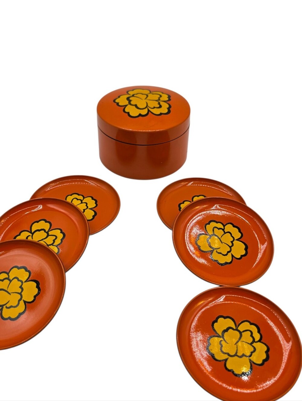 Vintage Flamingo Flower Mod 70s Coaster Set 6pc Storage Box 4in Round Stackable